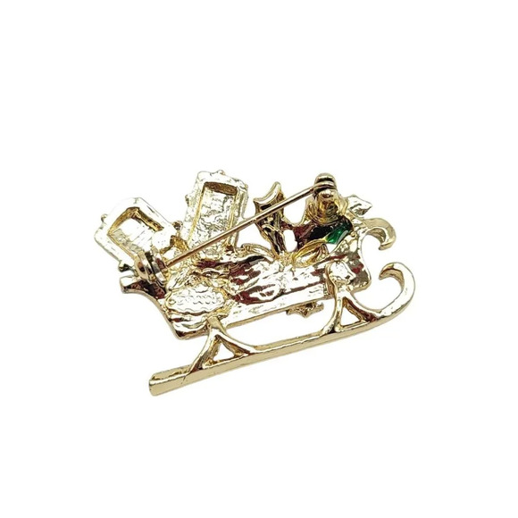 Giovanni X-Mas Sleigh Clear Rhinestone Beige Green Red Enamel Gold Tone Brooch - Picture 4 of 5
